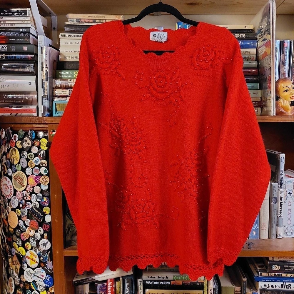 Vintage red sweater with 3d rose details with beads, crochet lace neck and hem
